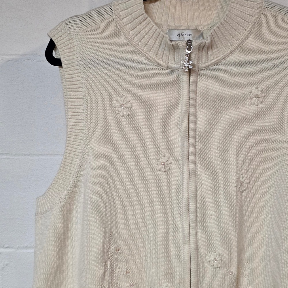 CJ Banks Ivory Knit Zip Vest Winter Tree Snowflake Sequin Hand Embroider Plus 1X - Picture 8 of 14